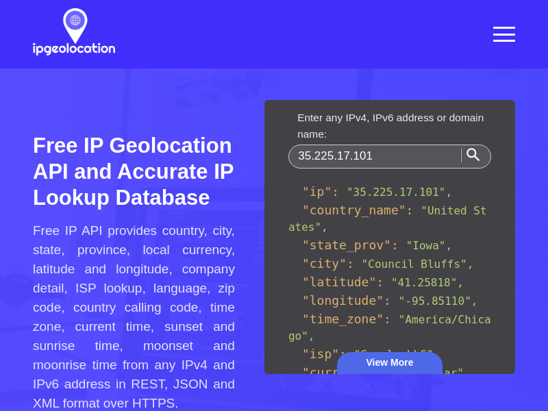 Screenshot of IP Geolocation API website