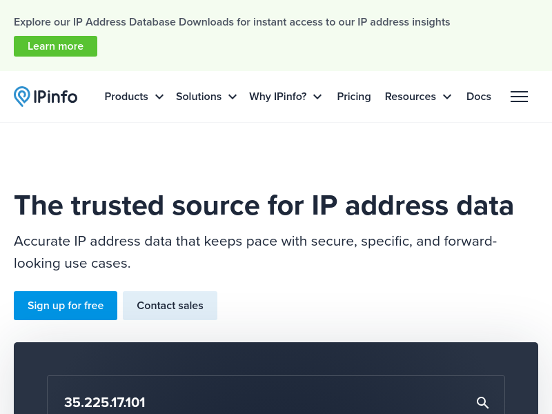 Screenshot of IPinfo API website