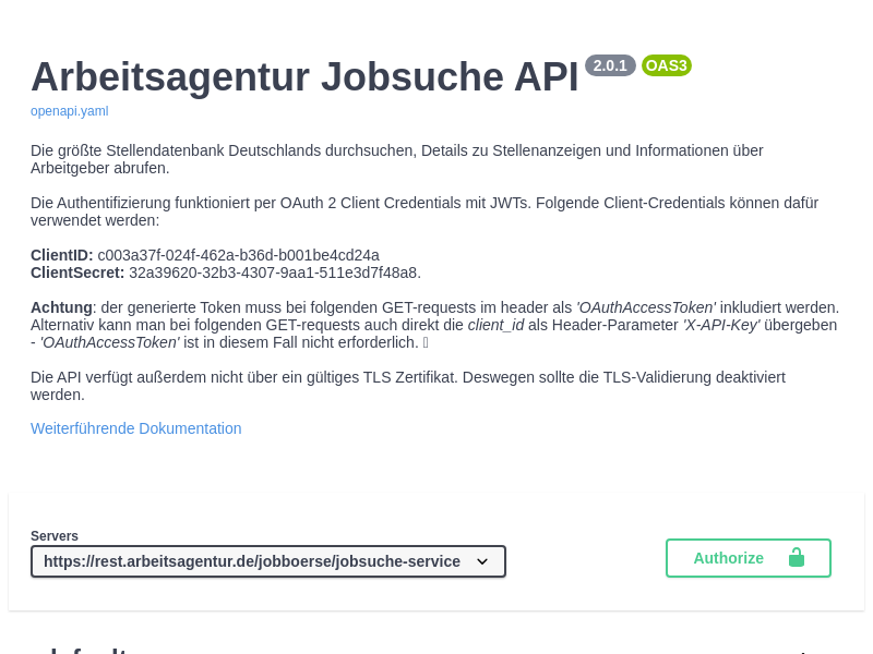 Screenshot of Jobsuche API website