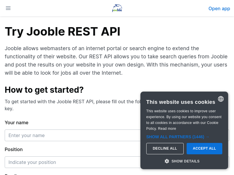 Screenshot of Jooble API website