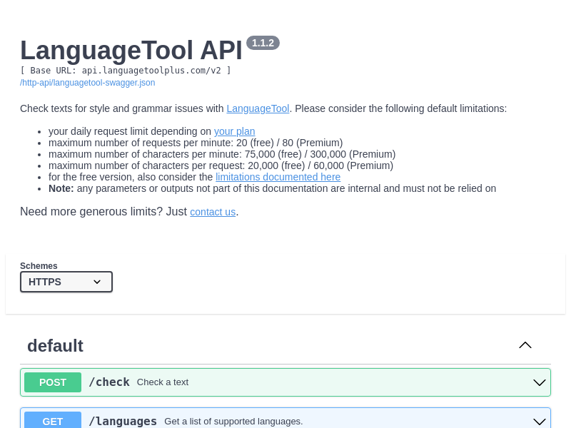 Screenshot of LanguageTool HTTP API website