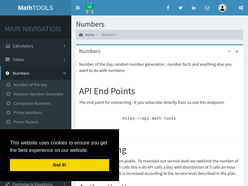 Screenshot of Math Tools Numbers API website