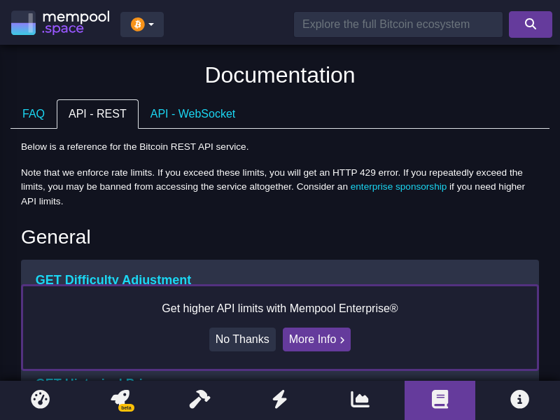 Screenshot of Mempool API website