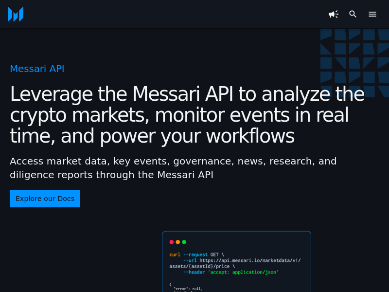 Screenshot of Messari's Crypto API website
