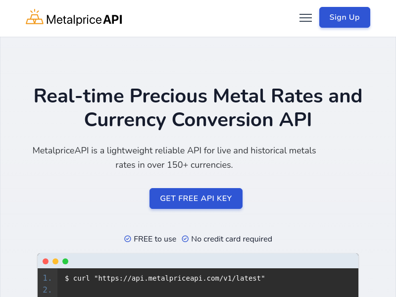 Screenshot of MetalPrice API website