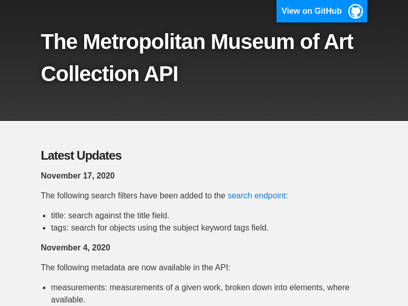 Screenshot of Metropolitan Museum API website