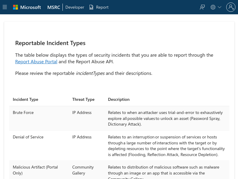 Screenshot of Microsoft Security Report Center (MSRC) website