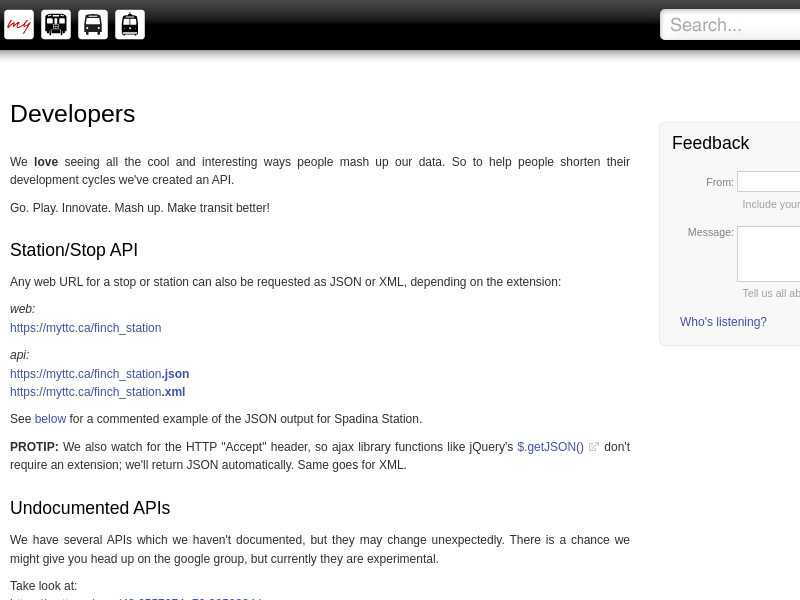 Screenshot of MyTTC API website