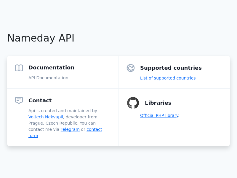 Screenshot of Nameday API website