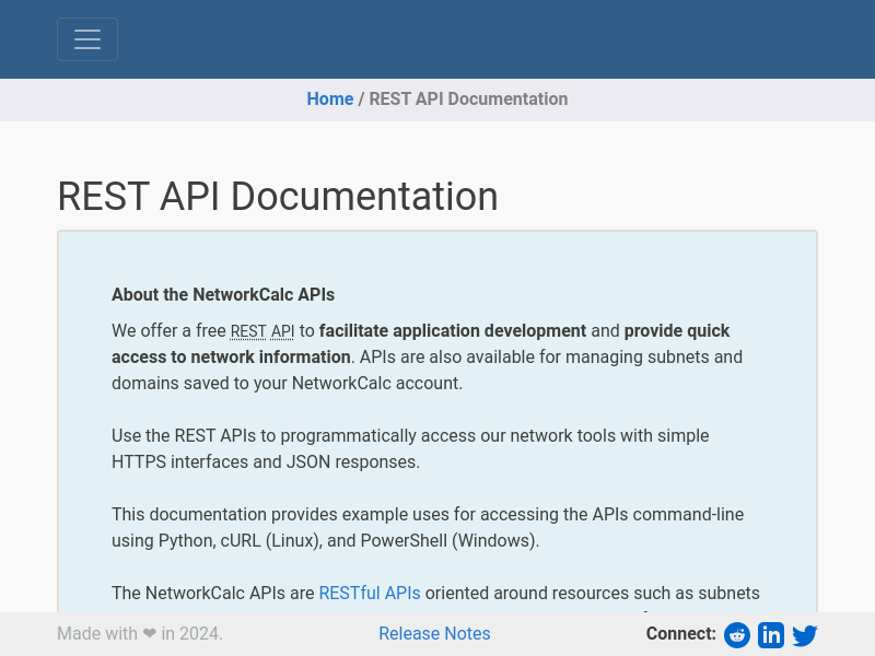 Screenshot of NetworkCalc API website