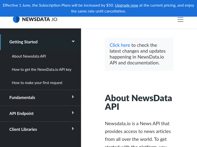 Screenshot of News Data website