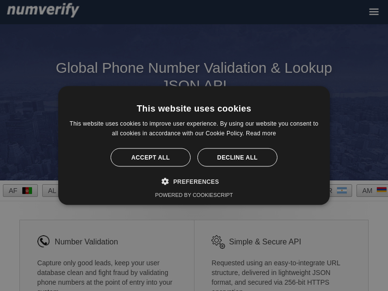 Screenshot of Numverify website