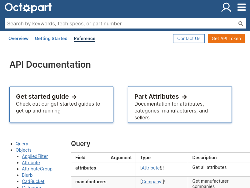 Screenshot of Octopart API website