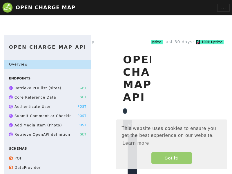 Screenshot of Open Charge Map API website