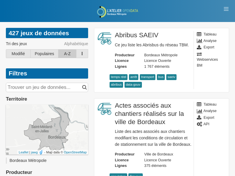 Screenshot of OpenData Bordeaux website