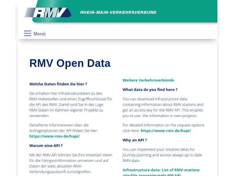 Screenshot of RMV API website