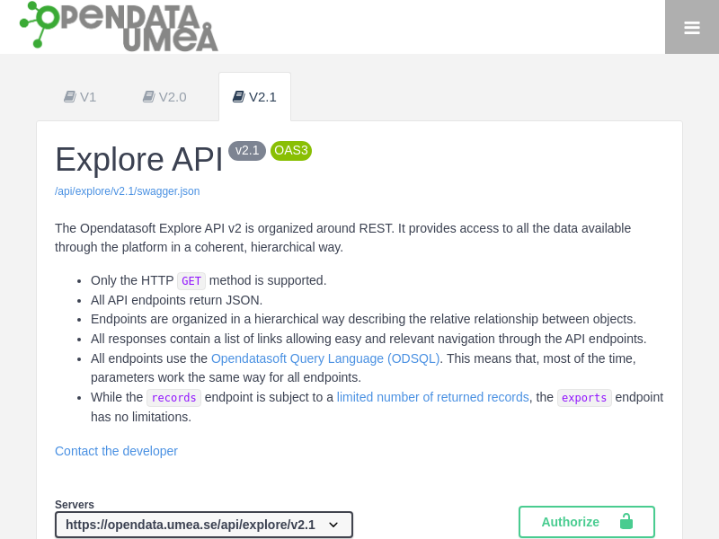 Screenshot of Open Data Umeå API website