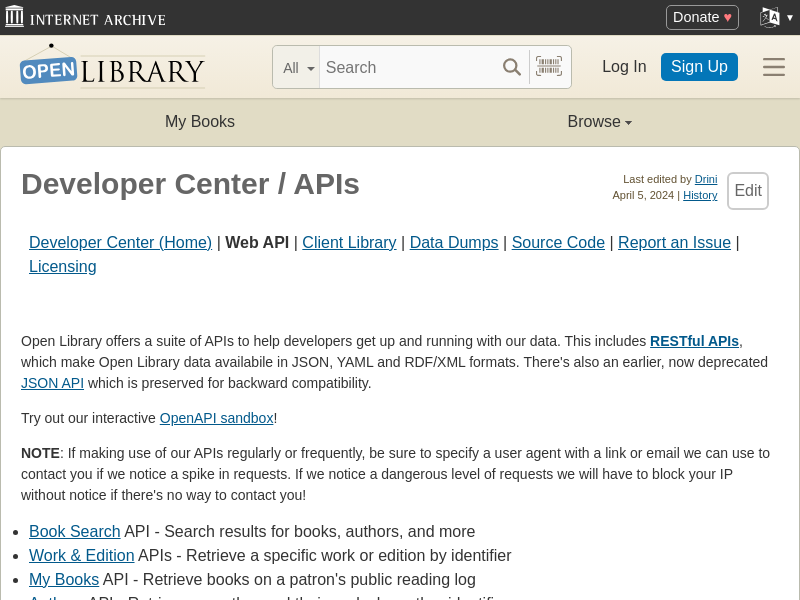 Screenshot of Open Library API website