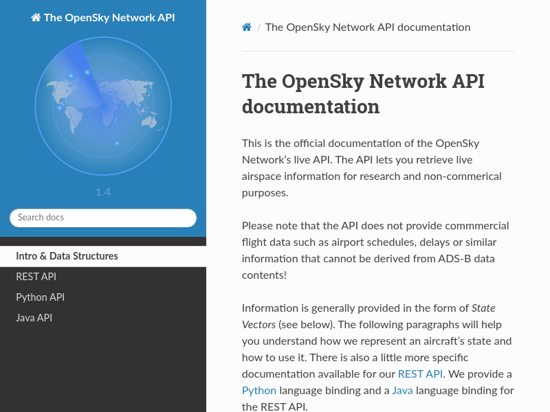 Screenshot of OpenSky Network API website