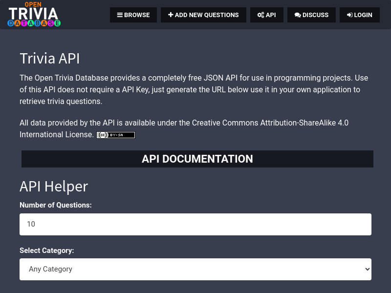 Screenshot of Open Trivia Database API website