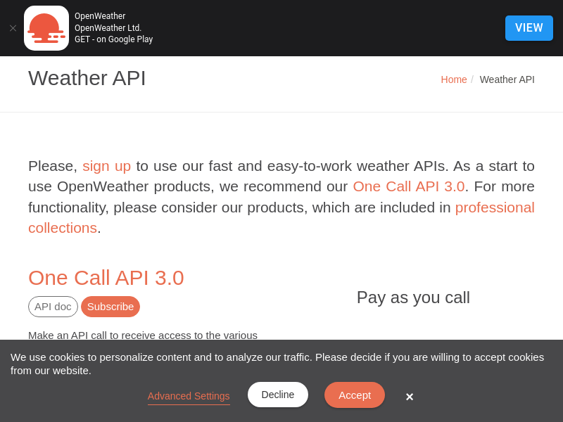Screenshot of OpenWeatherMap API website