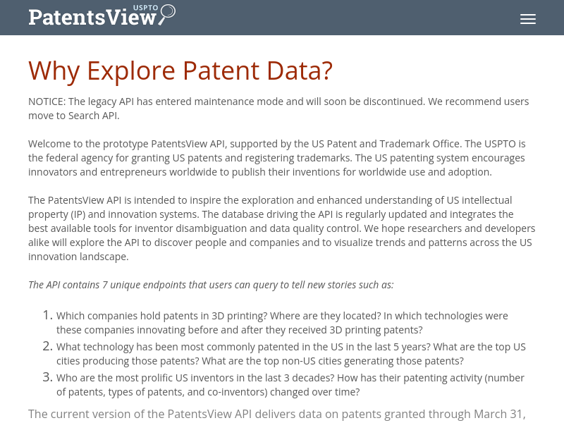 Screenshot of Patentsview API website