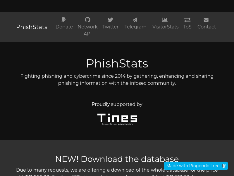 Screenshot of PhishStats API website