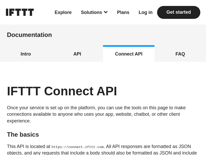 Screenshot of IFTTT Platform Connect API website
