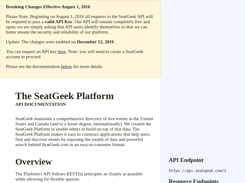 Screenshot of SeatGeek Platform API website