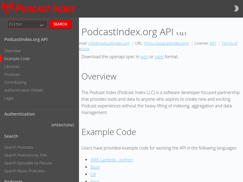 Screenshot of Podcast Index API website
