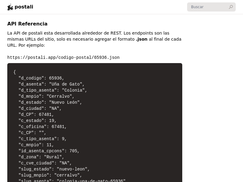 Screenshot of Postali API website