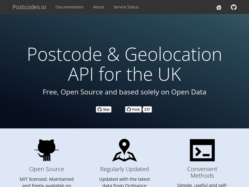 Screenshot of Postcodes.io website