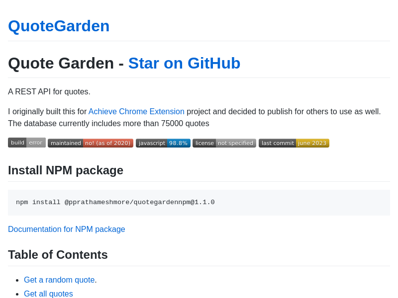 Screenshot of Quote Garden API website