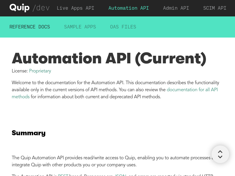 Screenshot of Quip Automation API website