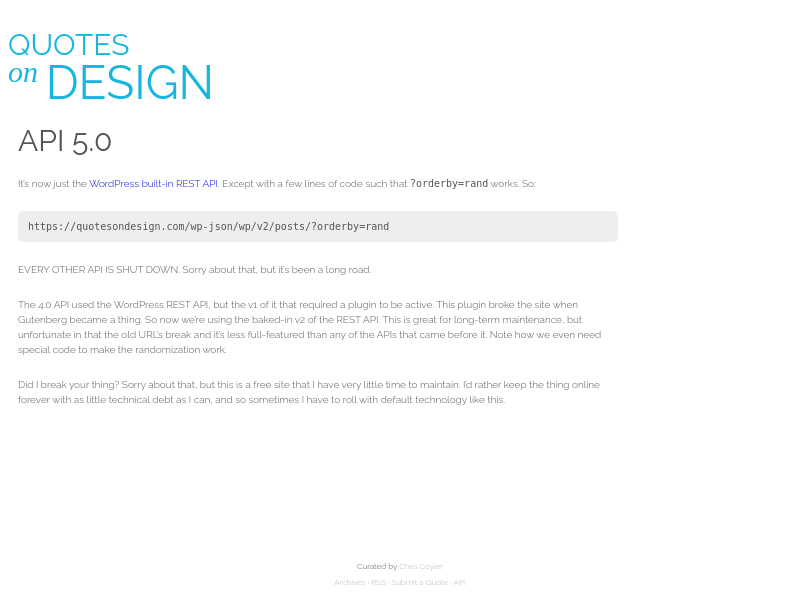 Screenshot of Quotes on Design API website