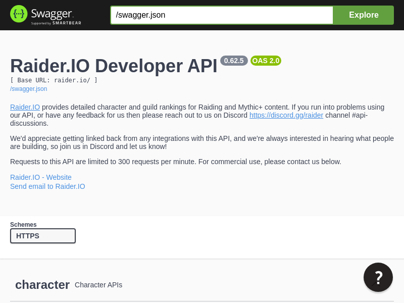 Screenshot of Raider.io API website