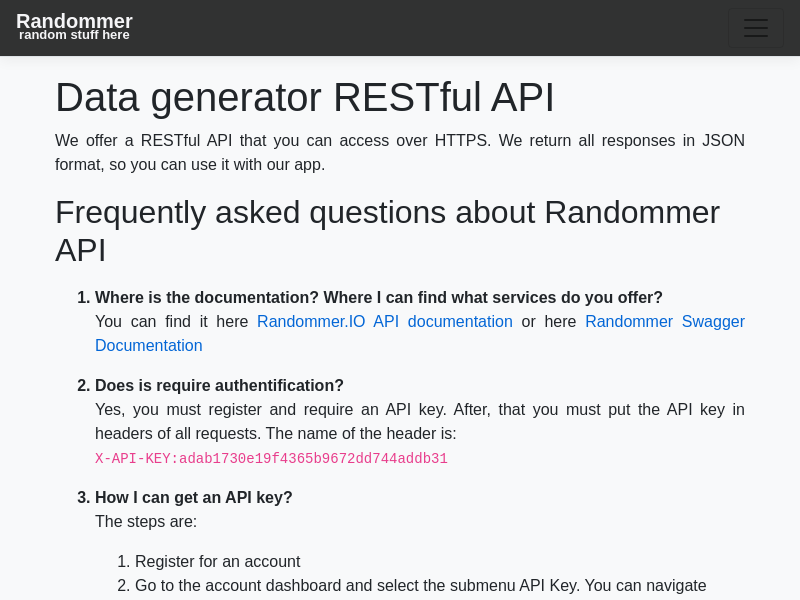 Screenshot of Randommer API website