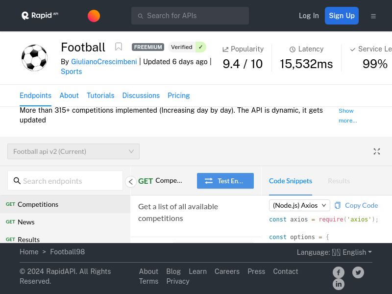 Screenshot of Football98 website