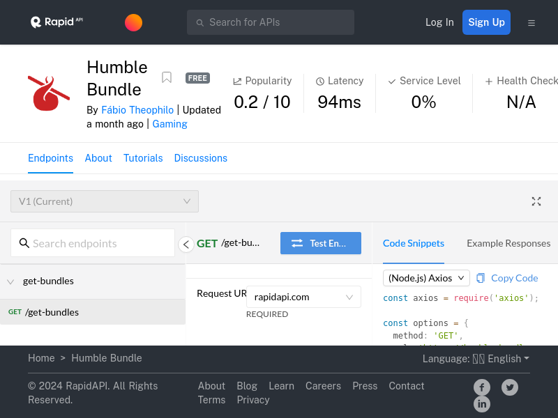Screenshot of Humble Bundle API website
