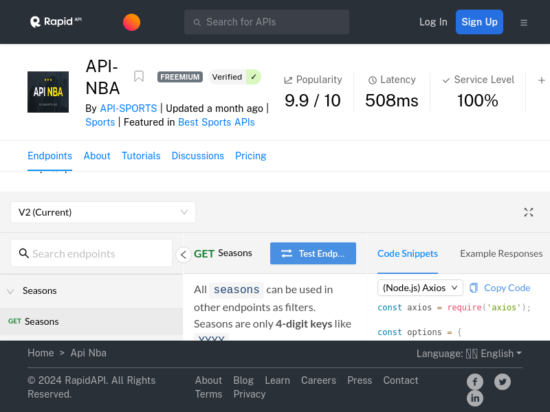 Screenshot of API-NBA website