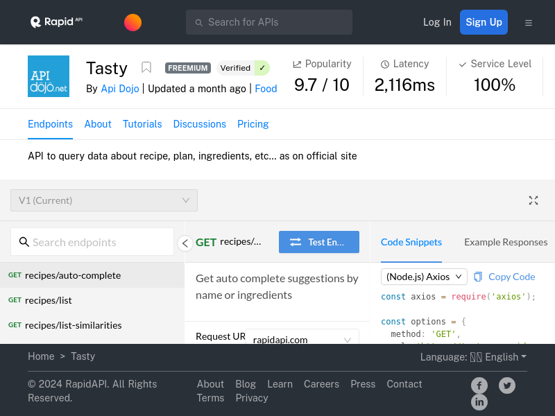 Screenshot of Tasty API website