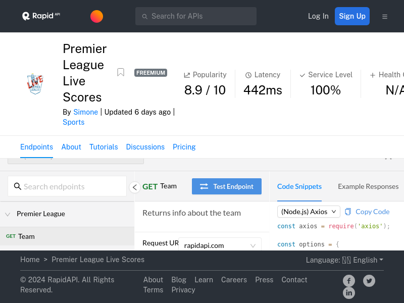 Screenshot of Premier League Live Scores API website