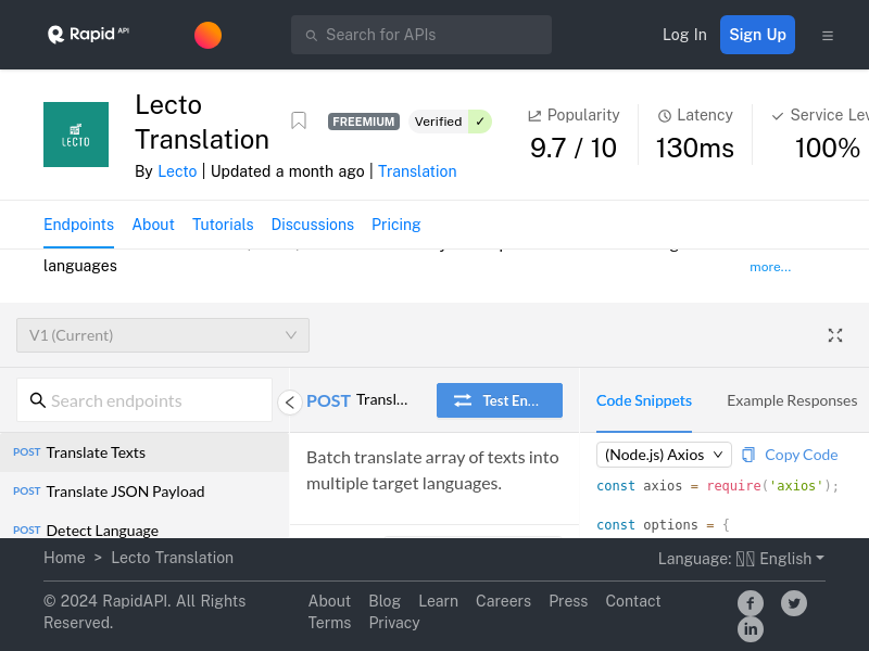 Screenshot of Lecto Translation API website