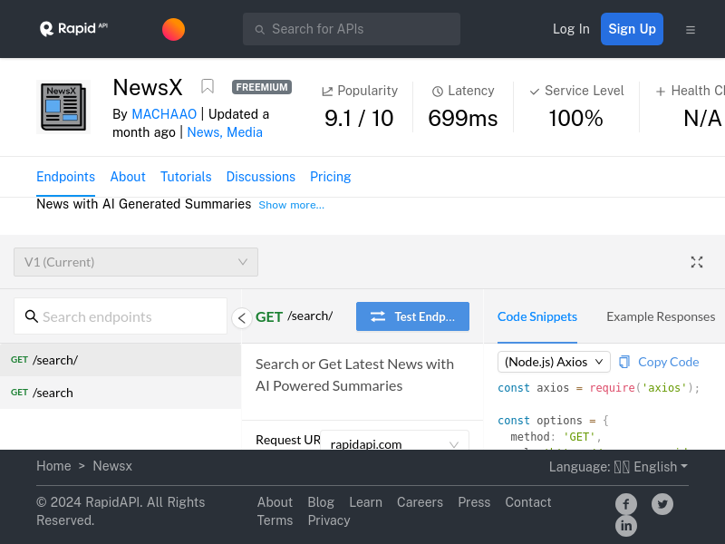 Screenshot of NewsX API website