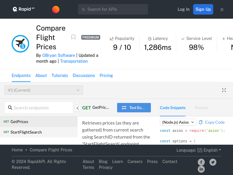 Screenshot of Compare Flight Prices API website