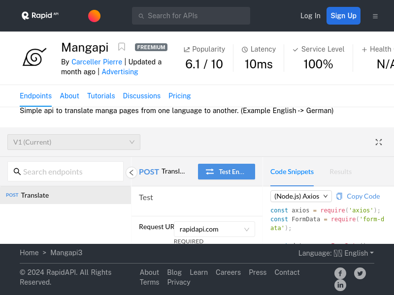 Screenshot of MangAPI3 website