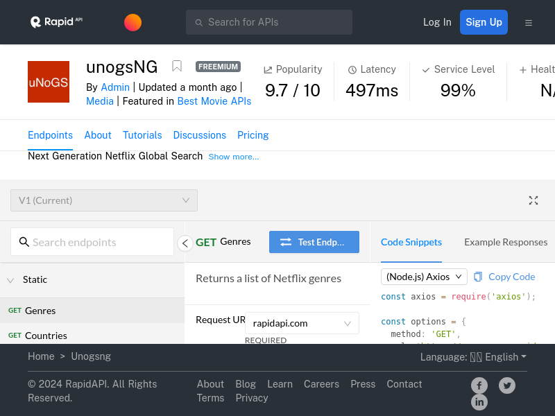 Screenshot of unogsNG website