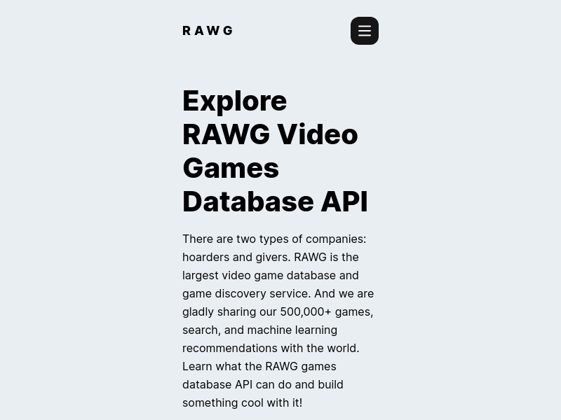 Screenshot of Rawg Video Games Database API website