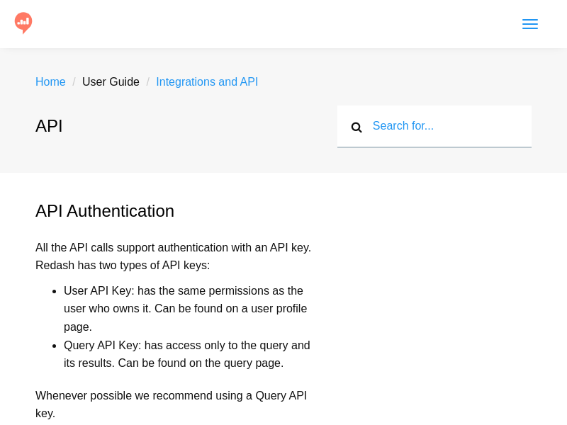 Screenshot of Redash API website