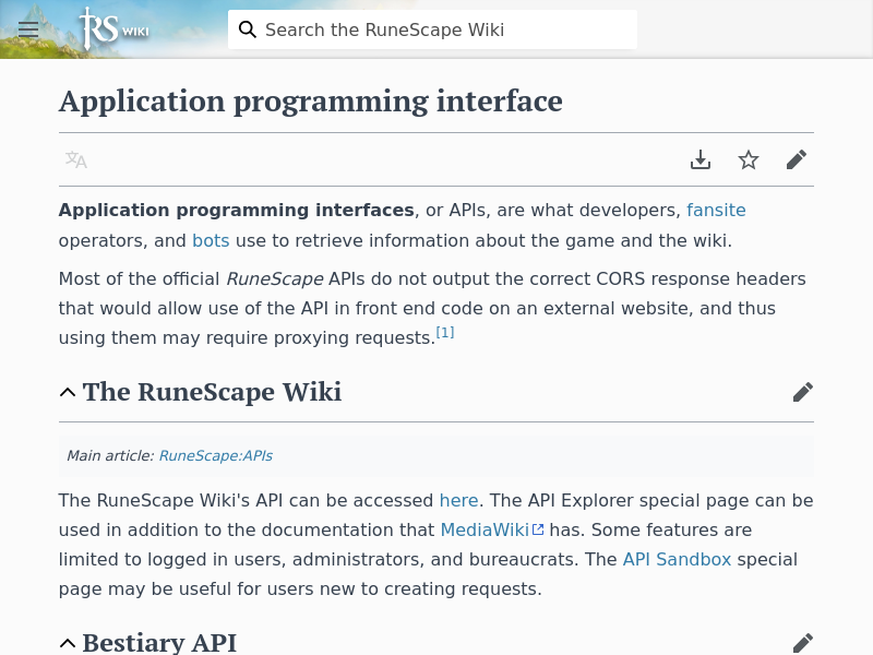 Screenshot of Runescape Wiki API website